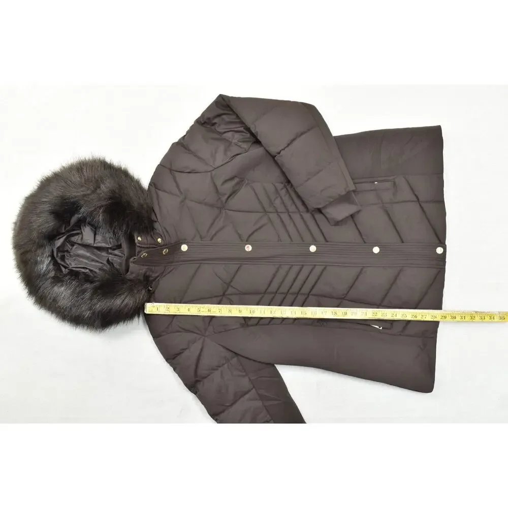 MICHAEL KORS Women 1X Brown Quilted Puffer Jacket Faux Fur Trim Hood Mid-Length